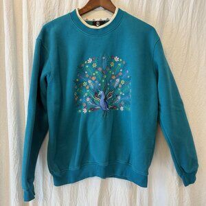 King Embroidered Peacock Crewneck Sweatshirt Womens L Teal Cottage Grandma 90s